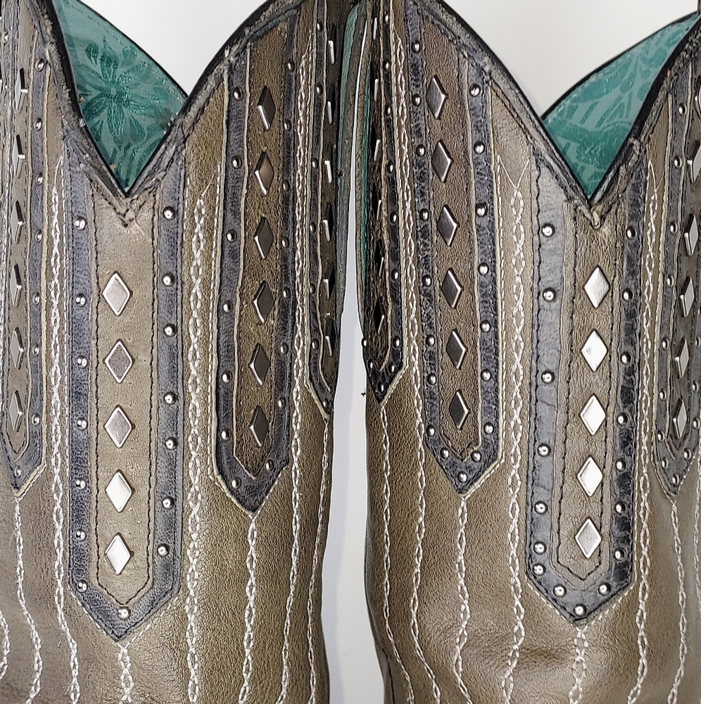 Corral Size 8.5M Taupe Silver Studs Laced Leather Snip Toe Coastal Cowgirl Boots - Picture 9 of 13